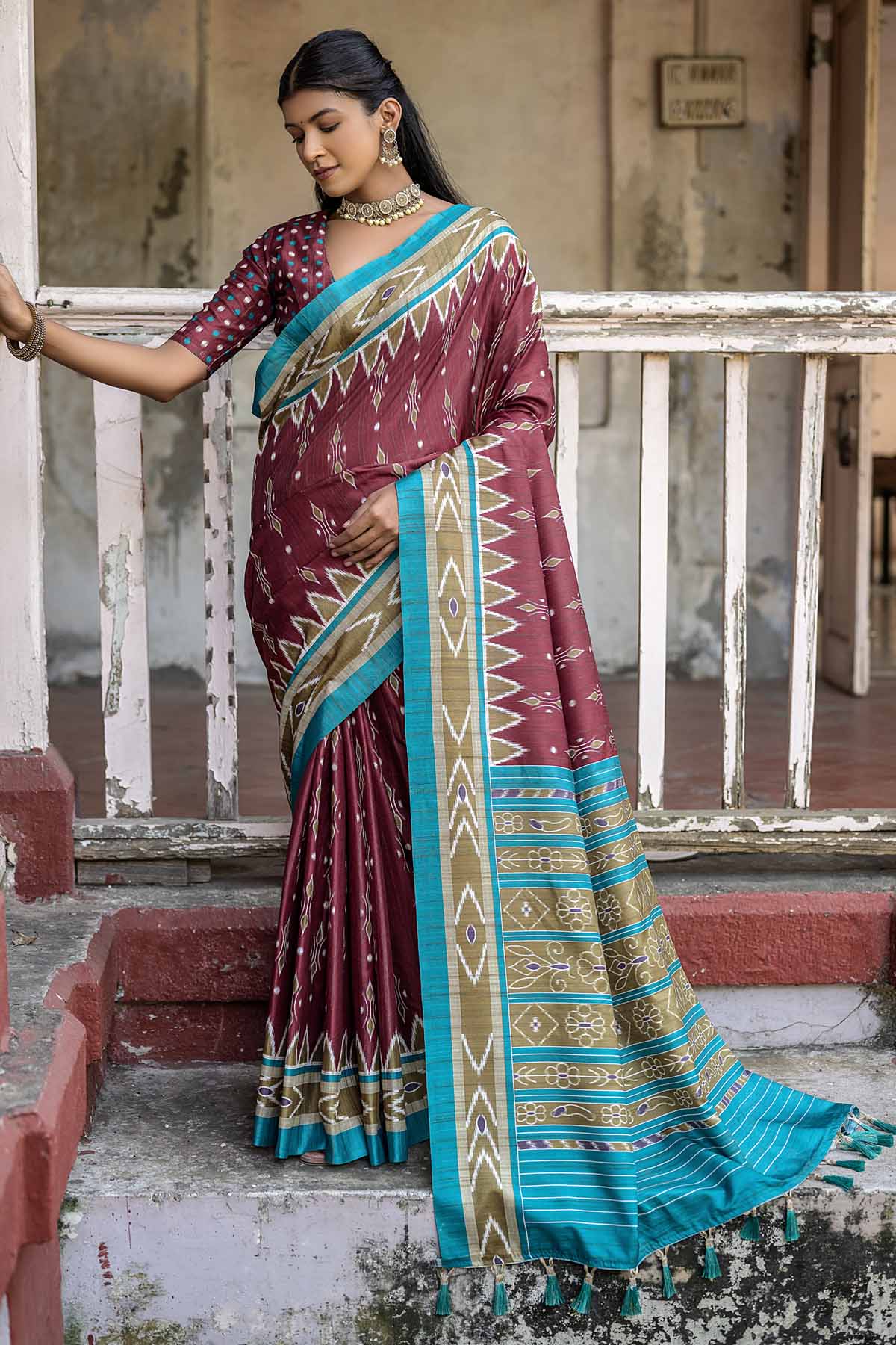 Buy Designer Maroon Temple Border Saree Online